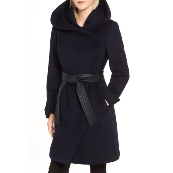 Cole Haan Wool Blend Hooded Coat Oversized Collar Removable Belt Black 6 - Picture 3 of 15